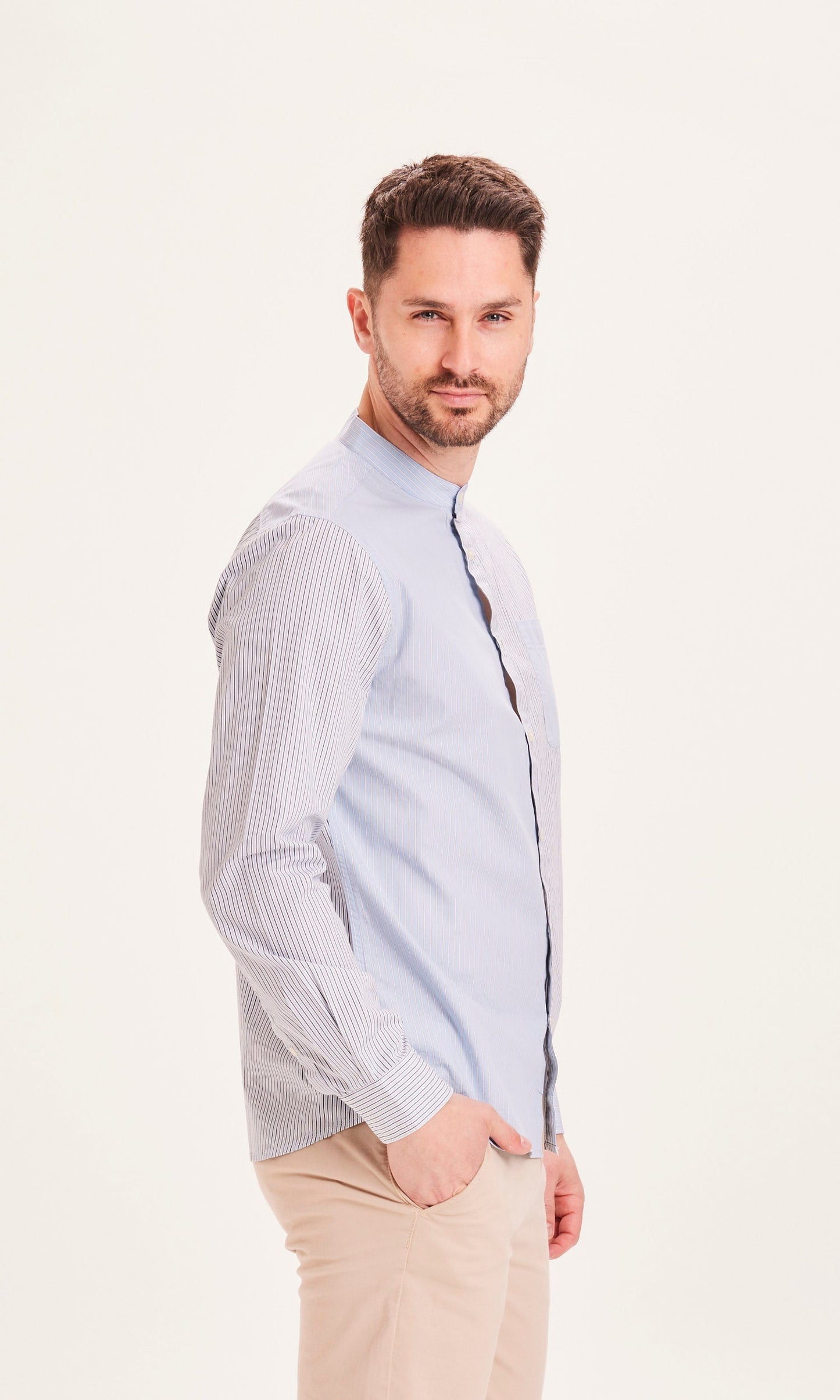 Chemise col mao bleu rayée en coton bio - ELDER striped stand collar shirt blue fog