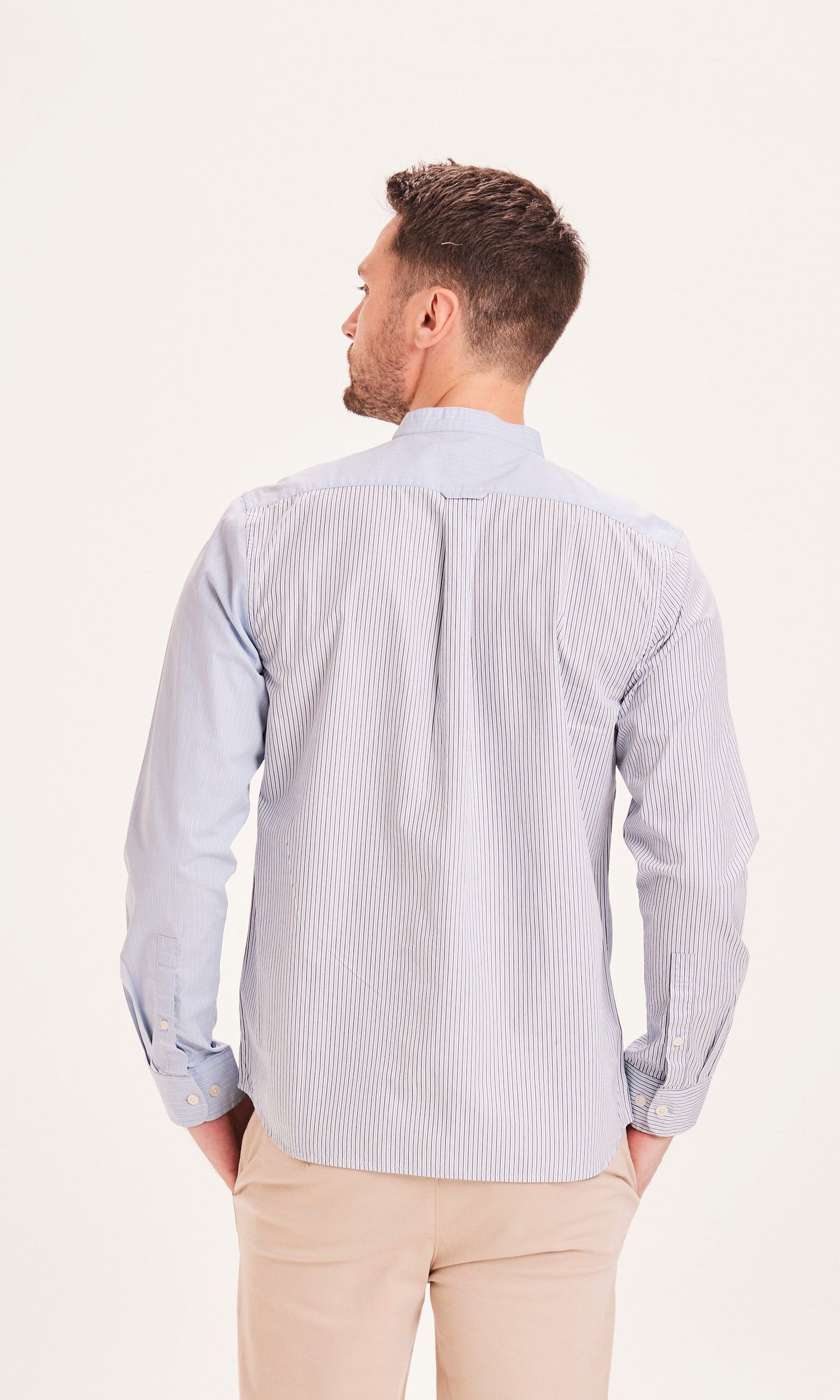 Chemise col mao bleu rayée en coton bio - ELDER striped stand collar shirt blue fog