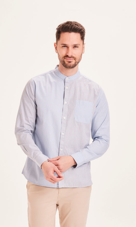 Chemise col mao bleu rayée en coton bio - ELDER striped stand collar shirt blue fog