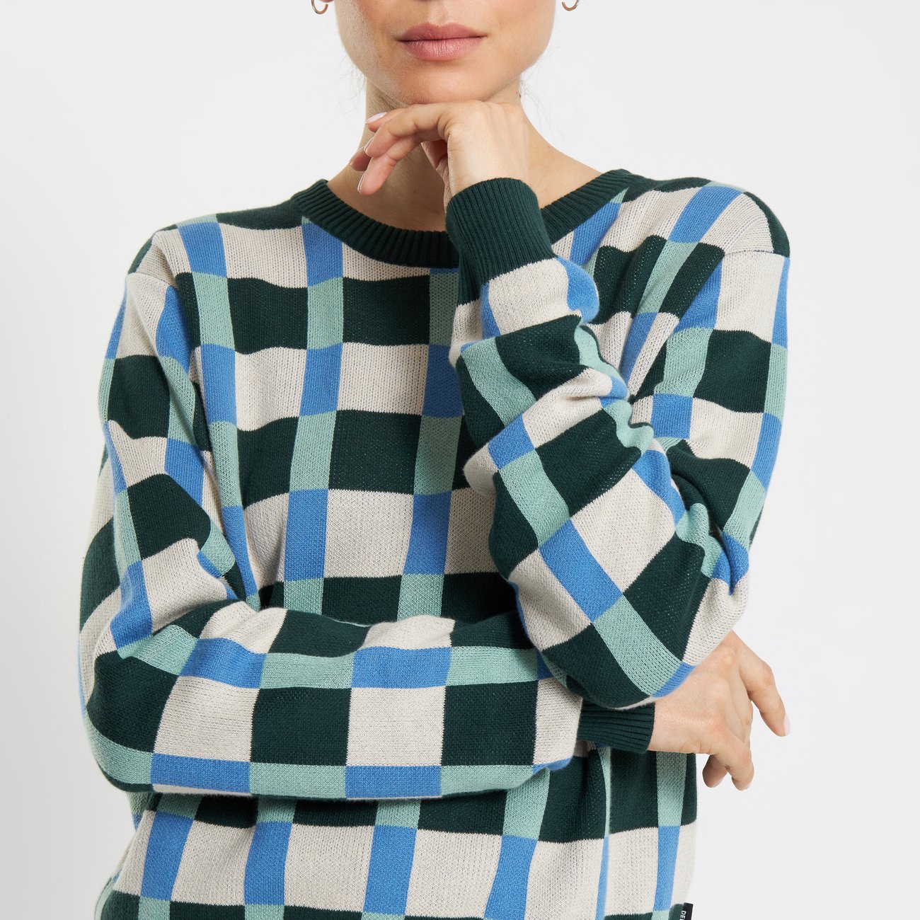 Pull en maille de coton bio | Jacquard "sweater arendal retro check dark green pine"