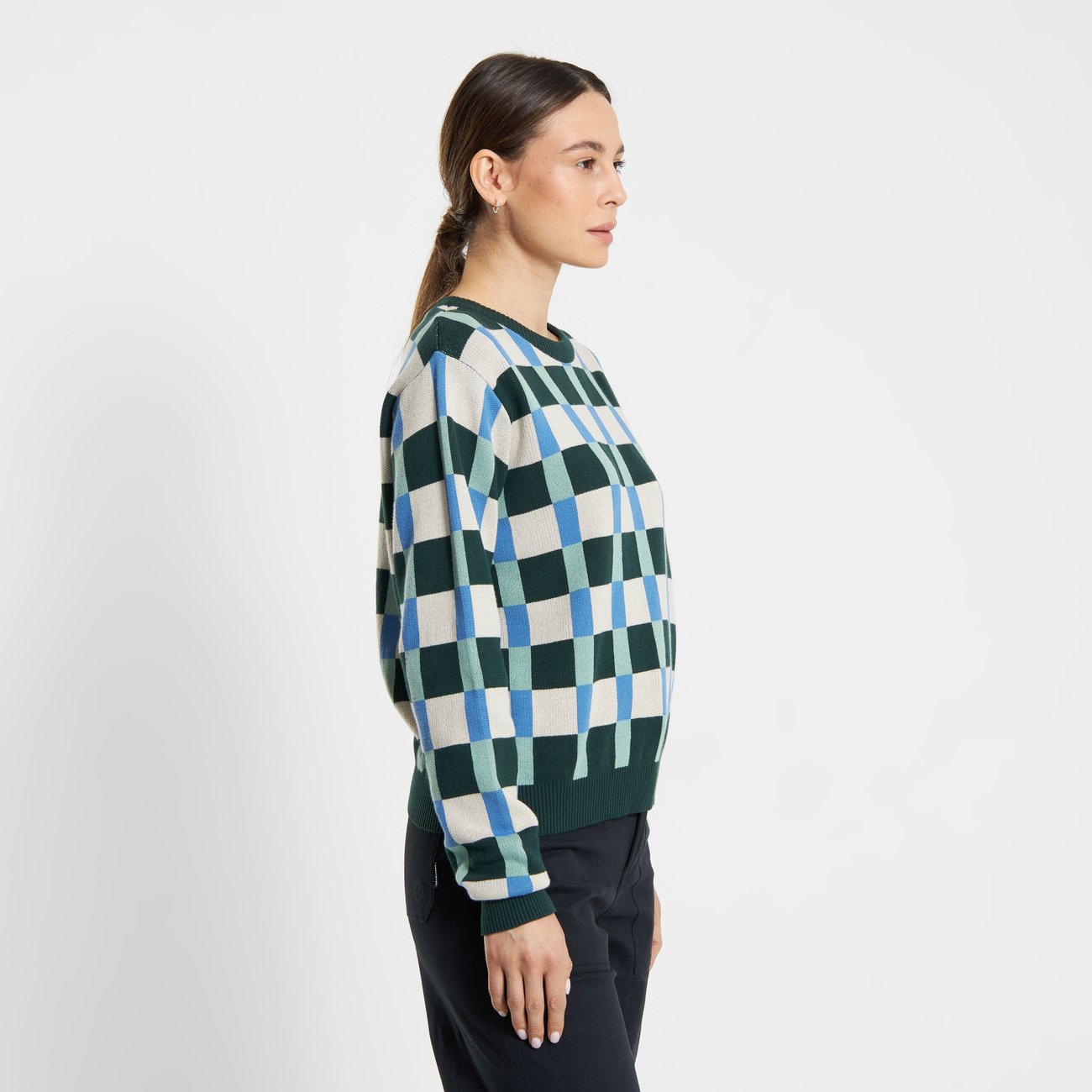 Pull en maille de coton bio | Jacquard "sweater arendal retro check dark green pine"