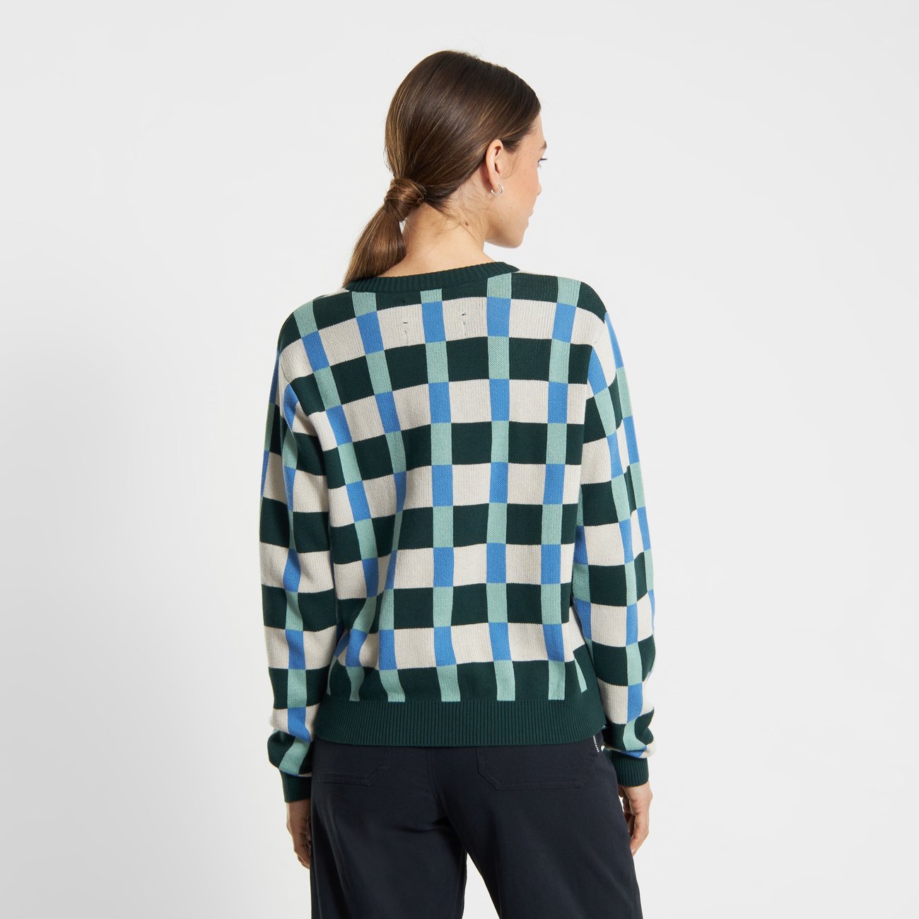 Pull en maille de coton bio | Jacquard "sweater arendal retro check dark green pine"
