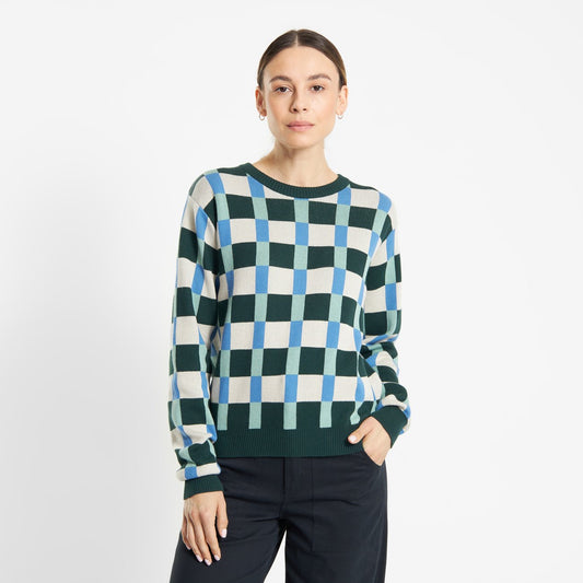 Pull en maille de coton bio | Jacquard "sweater arendal retro check dark green pine"