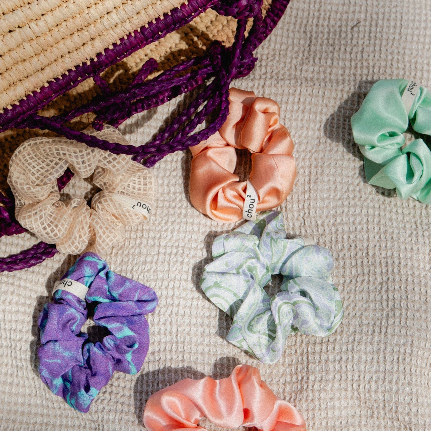Chouchou en matière upcyclée | violet et bleu "crepe violet turquoise"