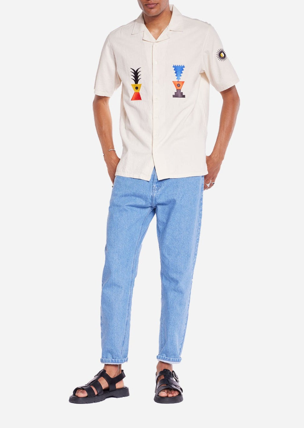 Chemise manches courtes brodée en coton bio | blanc "aloha atoum"