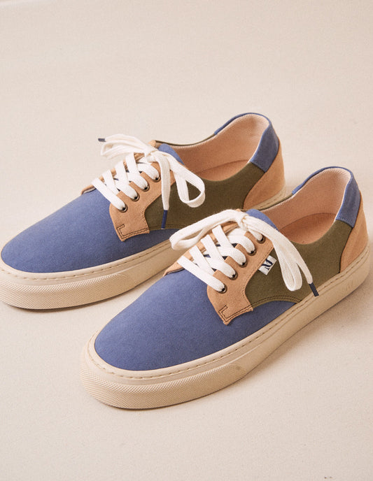 Baskets basses en toile recyclée | multicolore "alexandre bleu gris, beige et kaki"