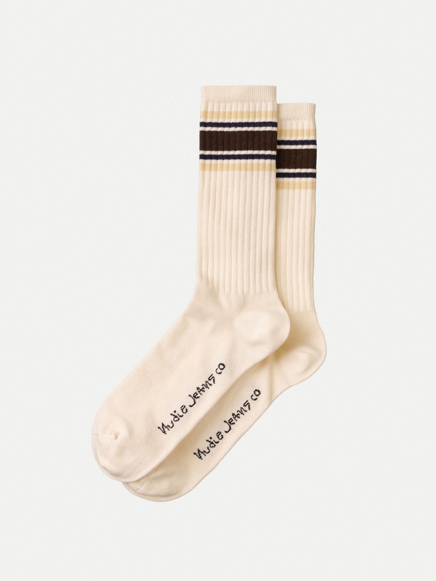 Chaussettes hautes beiges à bandes marrons en coton bio - amundsson sport socks 70s brown