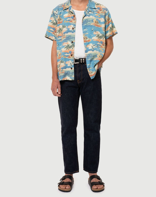 Chemise manches courtes bleue à motifs en tencel - arvid hawaii azure