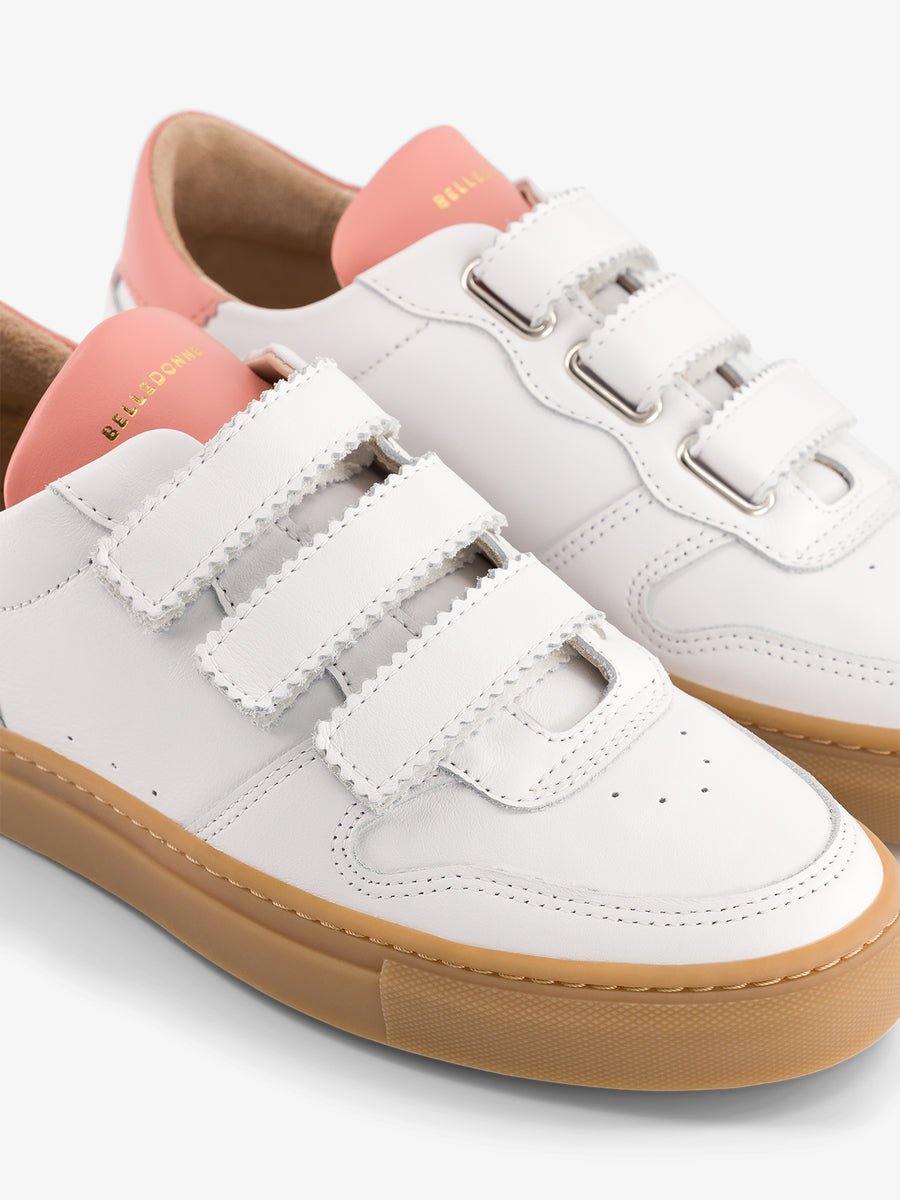 Baskets à scratch en cuir certifié | blanc et rose "b0 velcro gum sole white and pink"