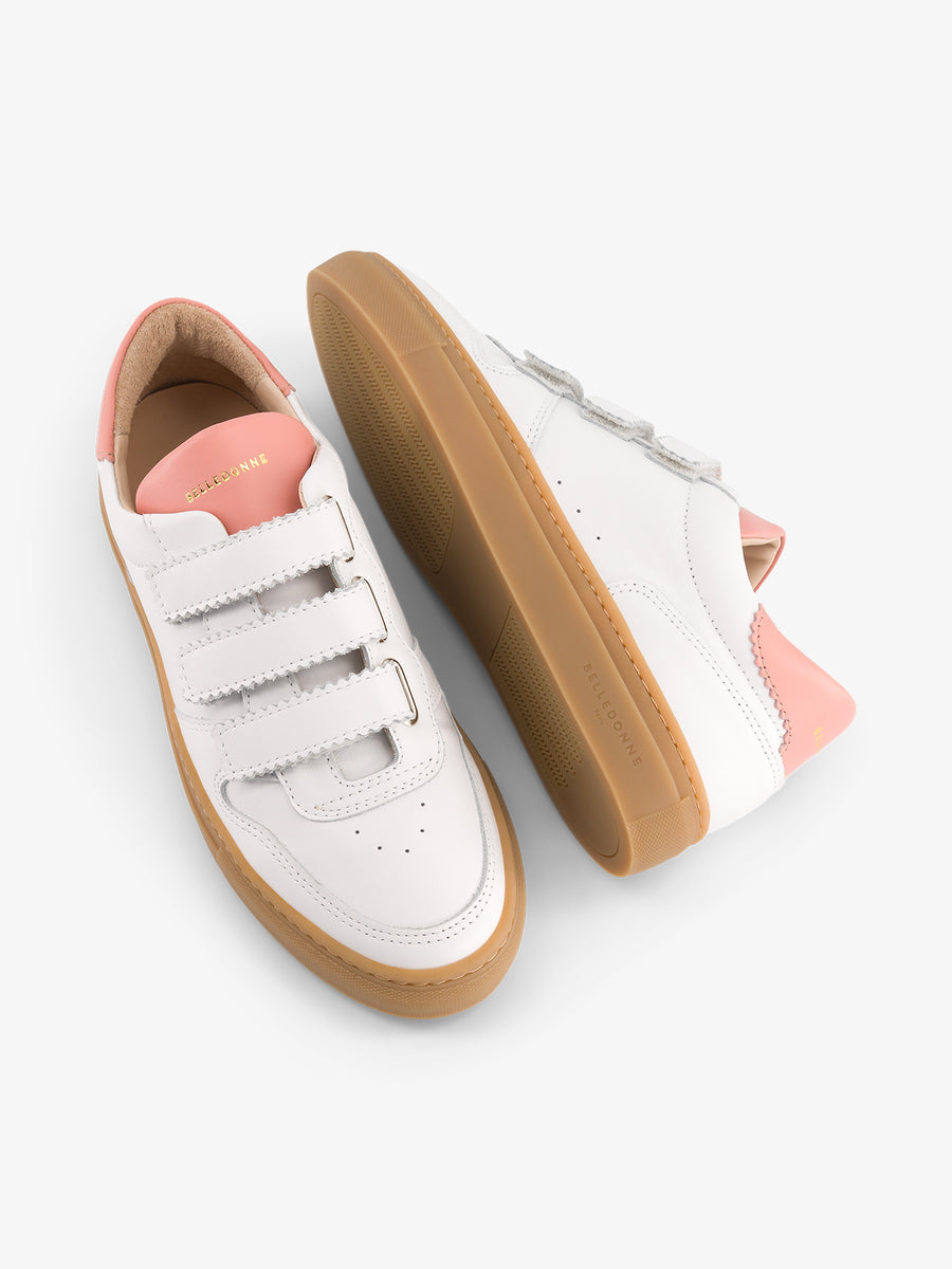Baskets à scratch en cuir certifié | blanc et rose "b0 velcro gum sole white and pink"
