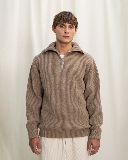 Pull maille col zippé en laine recyclée | beige "heavy knit troyer - soft clay"