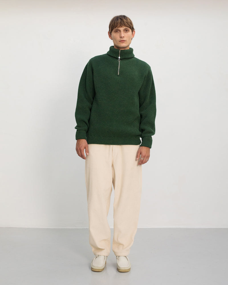 Pull maille col zippé en laine recyclée | vert "heavy knit troyer - moss green"
