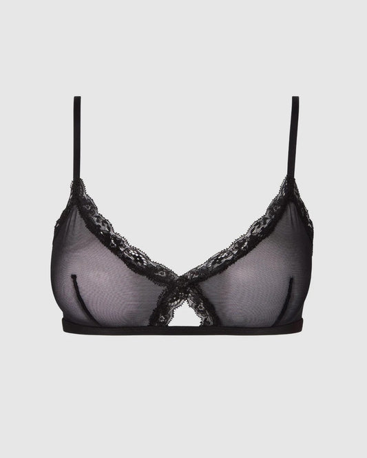 Soutien gorge triangle en matières recyclées | noir "mesh lace trim triangle bralette - black"