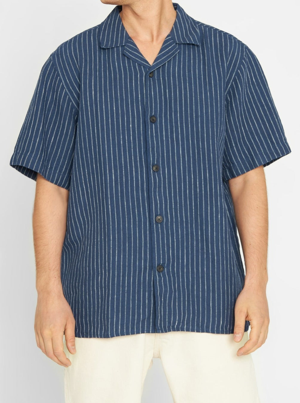 Chemisette rayée marine en lin bio - striped linen shirt blue
