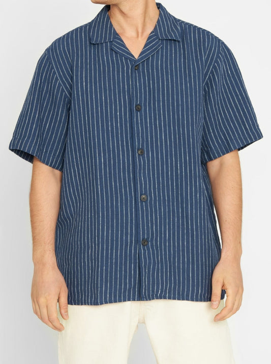 Chemisette rayée marine en lin bio - striped linen shirt blue