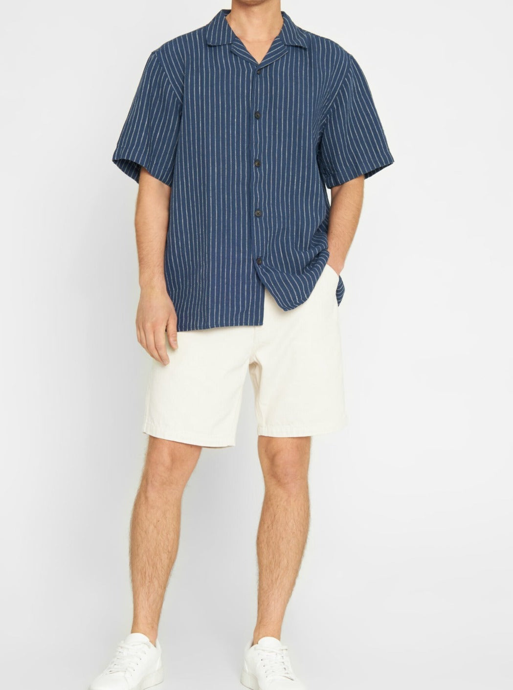 Chemisette rayée marine en lin bio - striped linen shirt blue