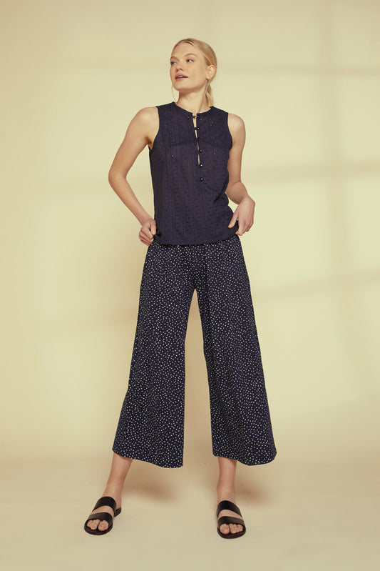 Pantalon ample marine à motifs en coton bio - claudia leaf