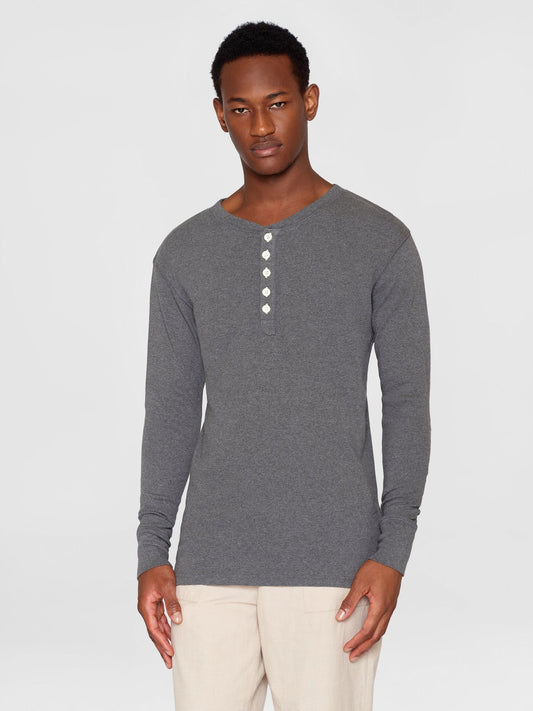 T-shirt à manches longues boutonné en coton bio | gris "CEDAR Dark Grey Melange"