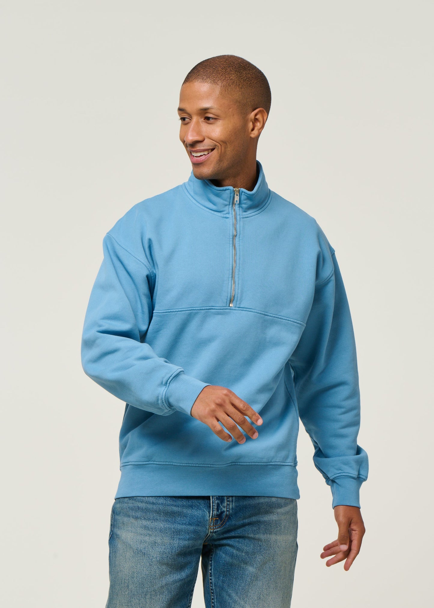 Sweat camionneur col zippé en coton bio | bleu "Seaside Blue"