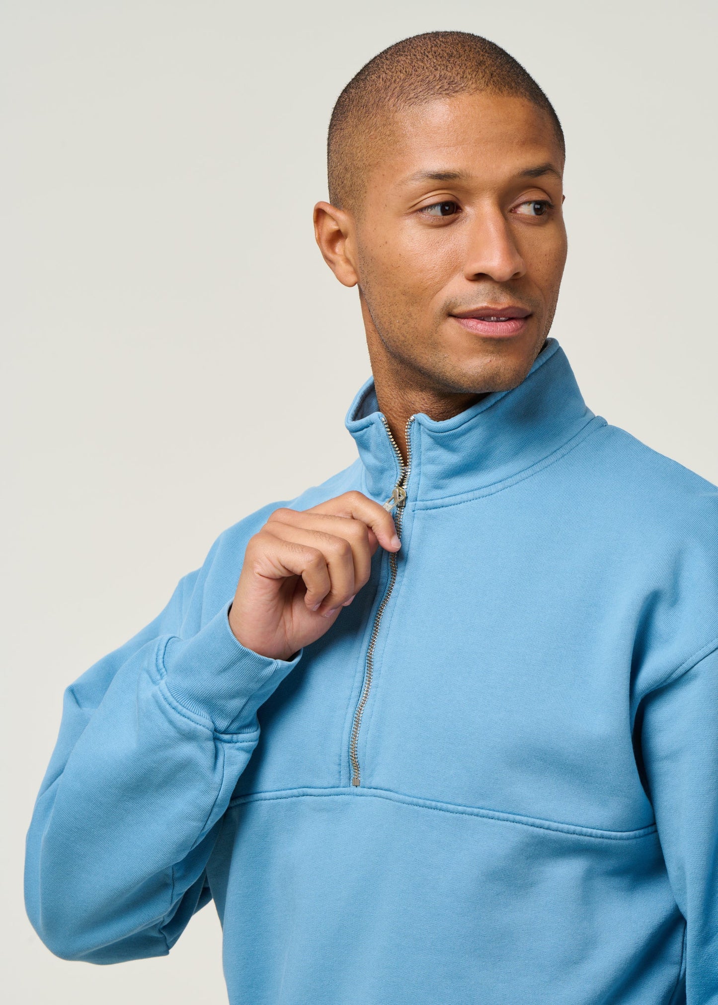 Sweat camionneur col zippé en coton bio | bleu "Seaside Blue"