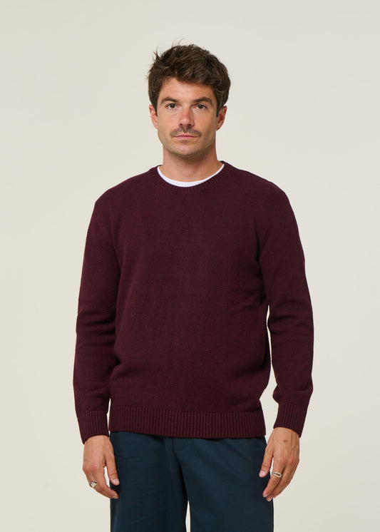 Pull col rond bordeaux en laine mérinos recyclée - oxblood red