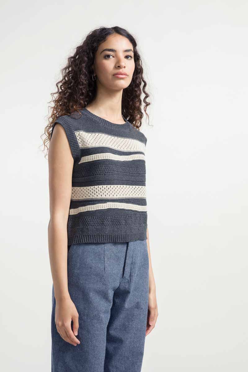Pull sans manches en coton bio et recyclé | rayé gris "canotta cotone rigenerato cassandra"