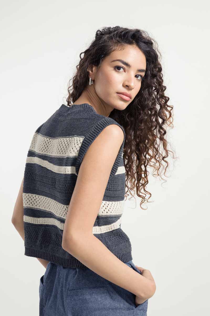 Pull sans manches en coton bio et recyclé | rayé gris "canotta cotone rigenerato cassandra"