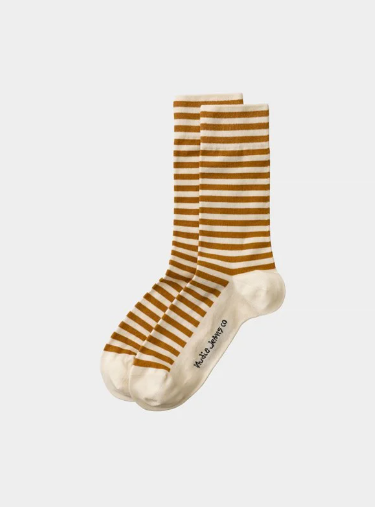 Chaussettes hautes rayées beige et camel en coton bio - Olsson Breton