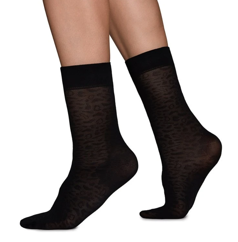 Chaussettes noires motif léopard en polyamide recyclé - Emma
