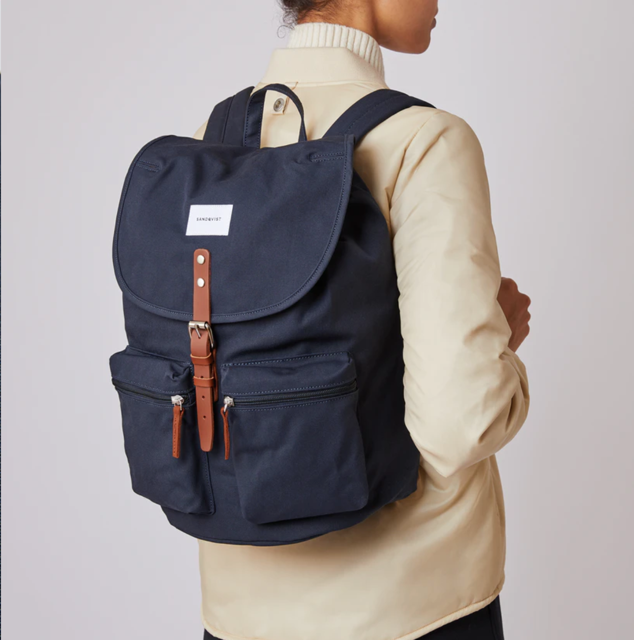 Sac à dos marine en coton bio, polyester recyclé et cuir - Roald