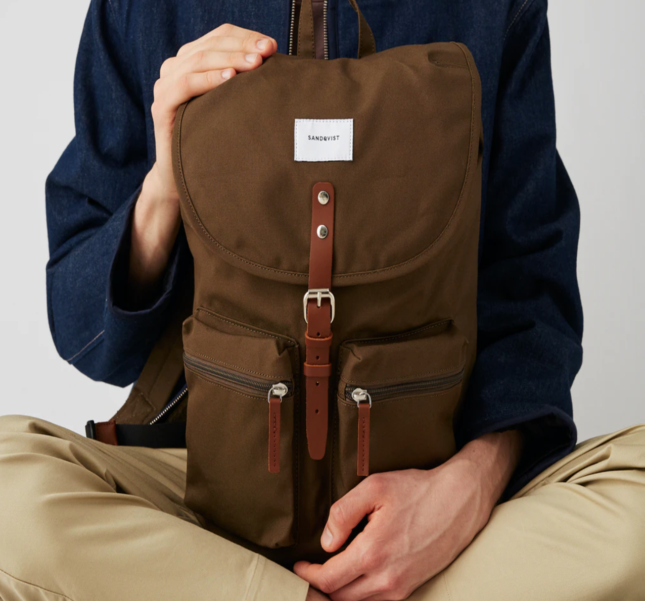 Sac à dos marron en coton bio, polyester recyclé et cuir - Roald