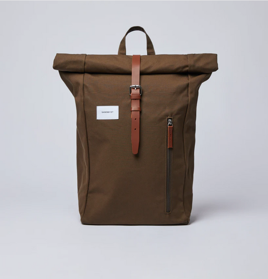 Sac à dos roll-top olive en coton bio, polyester recyclé et cuir - Dante