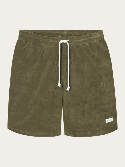 Short olive en coton bio et matière recyclée - casual terry shorts burned olive