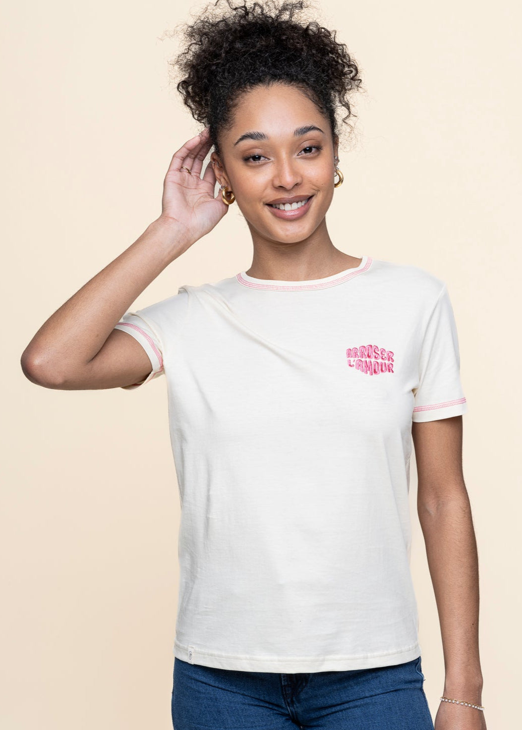 T-shirt en coton bio | écru "Choix - vanille logo rouge"