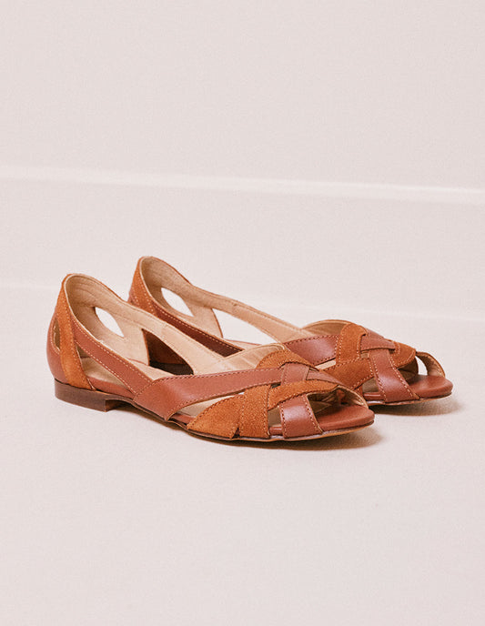 Sandales en cuir et suède certifiés | marron "clémentine cuir et suède cognac"