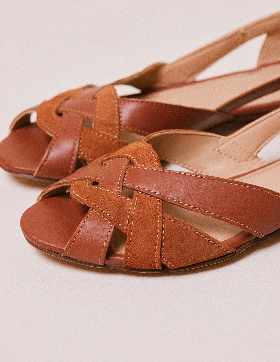 Sandales en cuir et suède certifiés | marron "clémentine cuir et suède cognac"