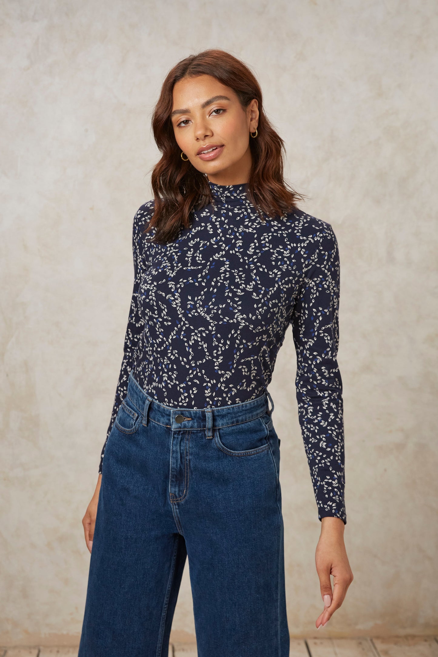 Top manches longues marine à motifs en coton bio - carmen leaf top - navy
