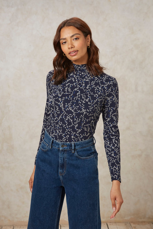 Top manches longues marine à motifs en coton bio - carmen leaf top - navy