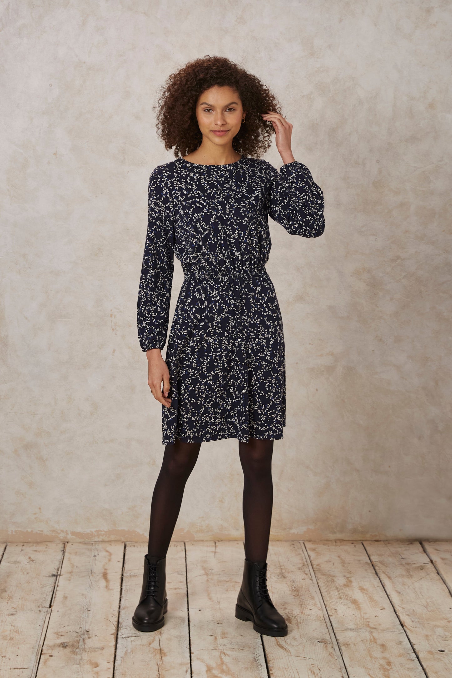 robe marine à motifs en coton bio - marta leaf dress navy