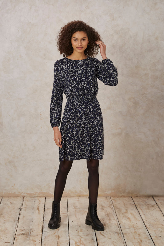 robe marine à motifs en coton bio - marta leaf dress navy