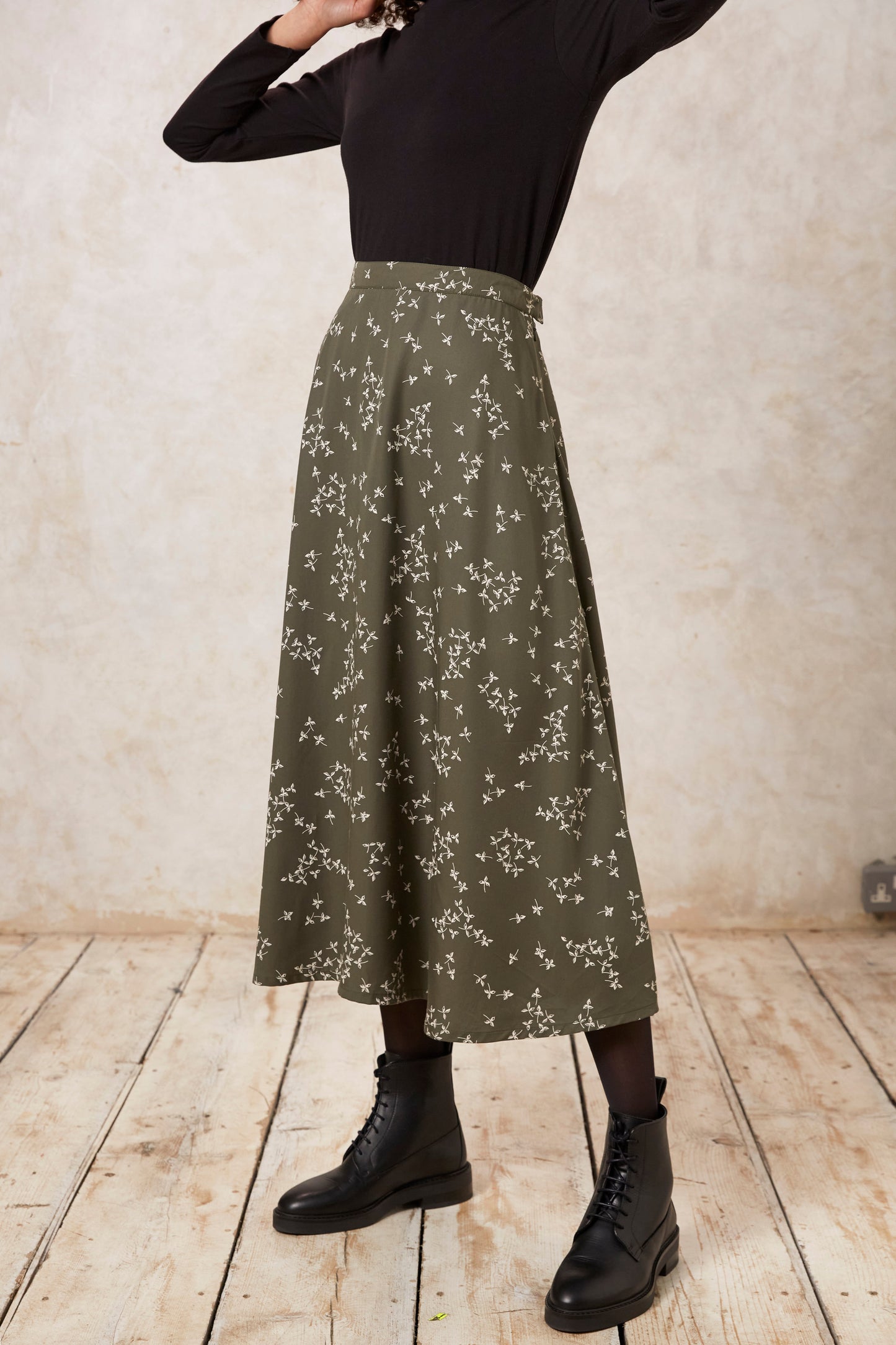 Jupe longue kaki à motifs en tencel - alison leaf skirt khaki