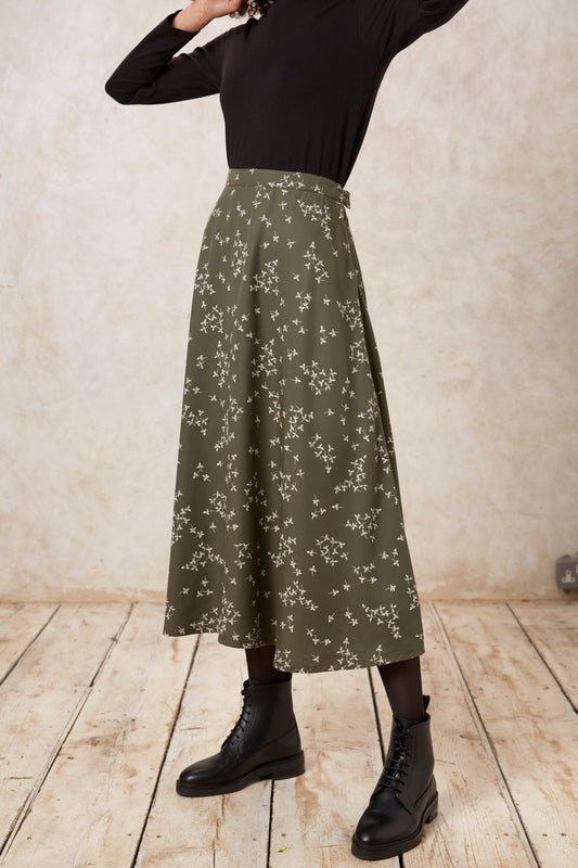 Jupe longue kaki à motifs en tencel - alison leaf skirt khaki