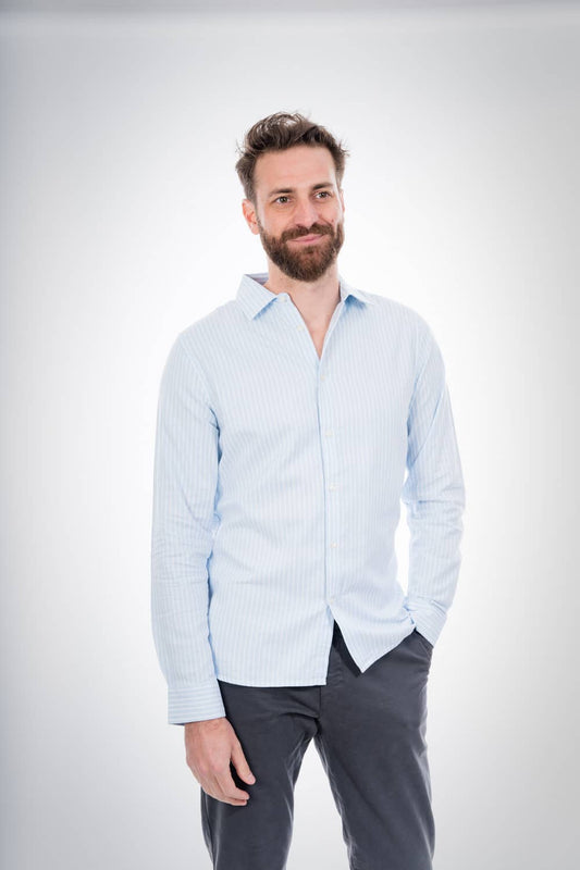 Chemise droite bleu ciel rayée en coton bio - Elder