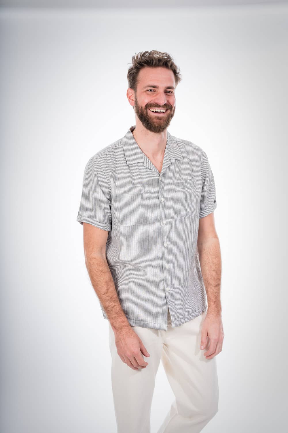 Chemise à manches courtes rayée vert forêt en lin - Wave