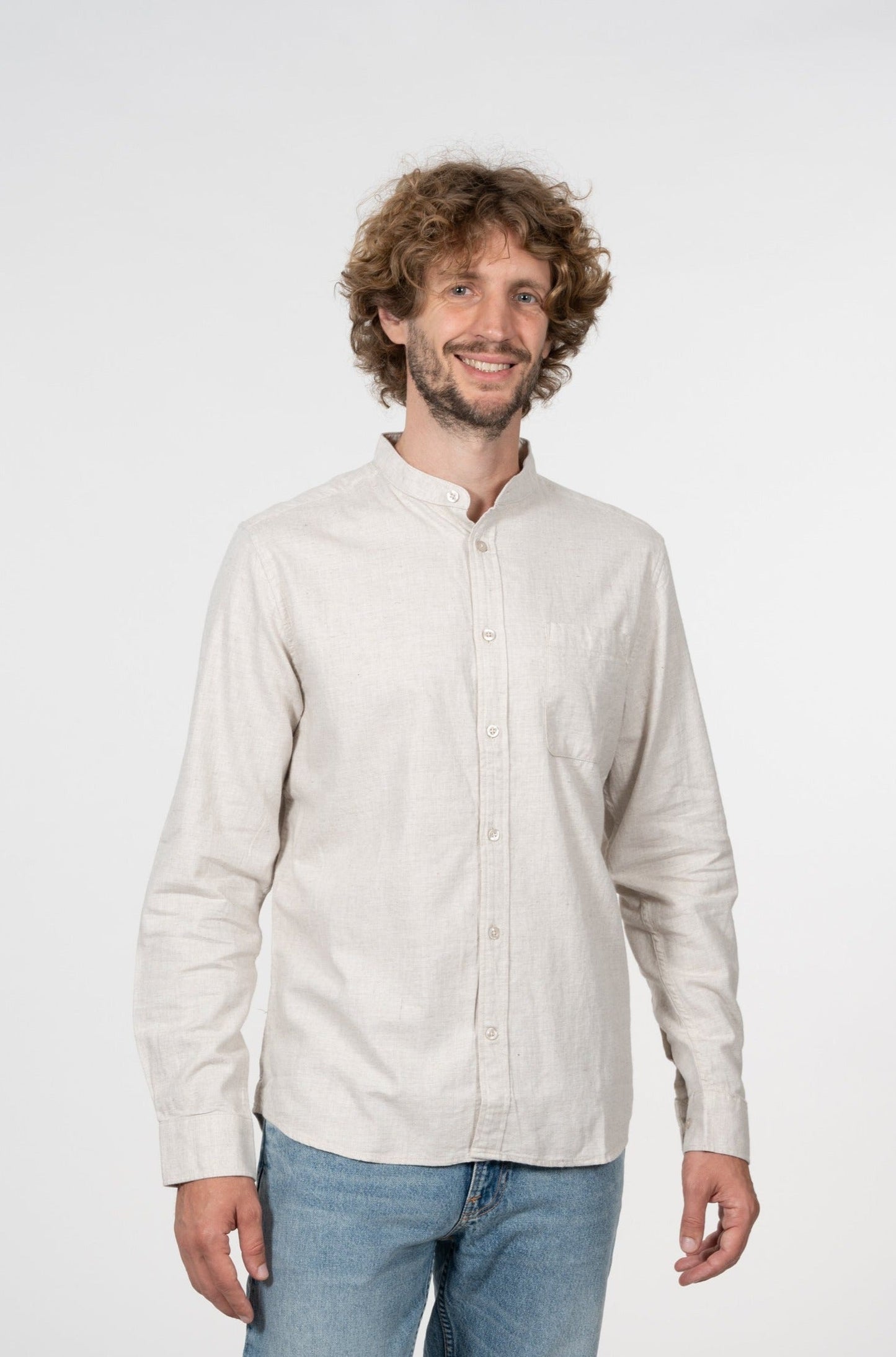 Chemise col officier flanelle beige en coton bio - flannel elder greige