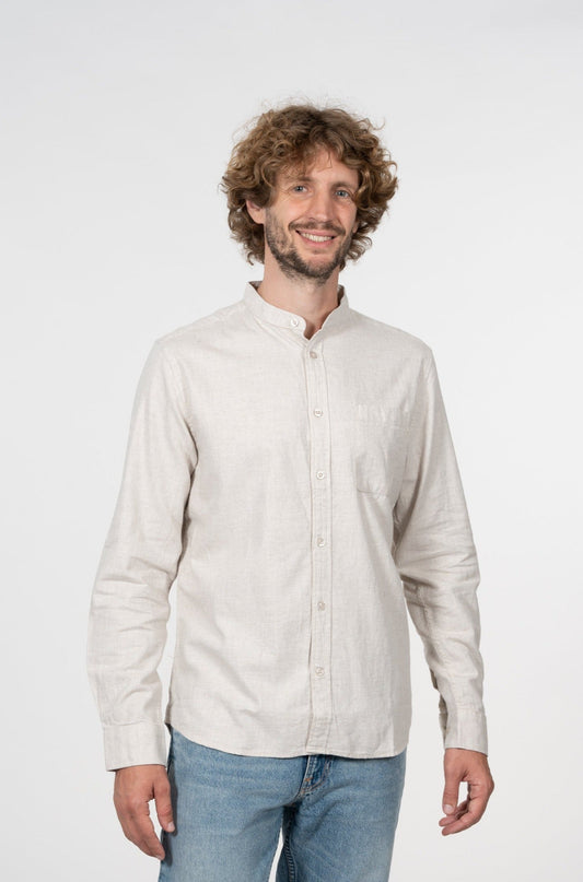 Chemise col officier flanelle beige en coton bio - flannel elder greige