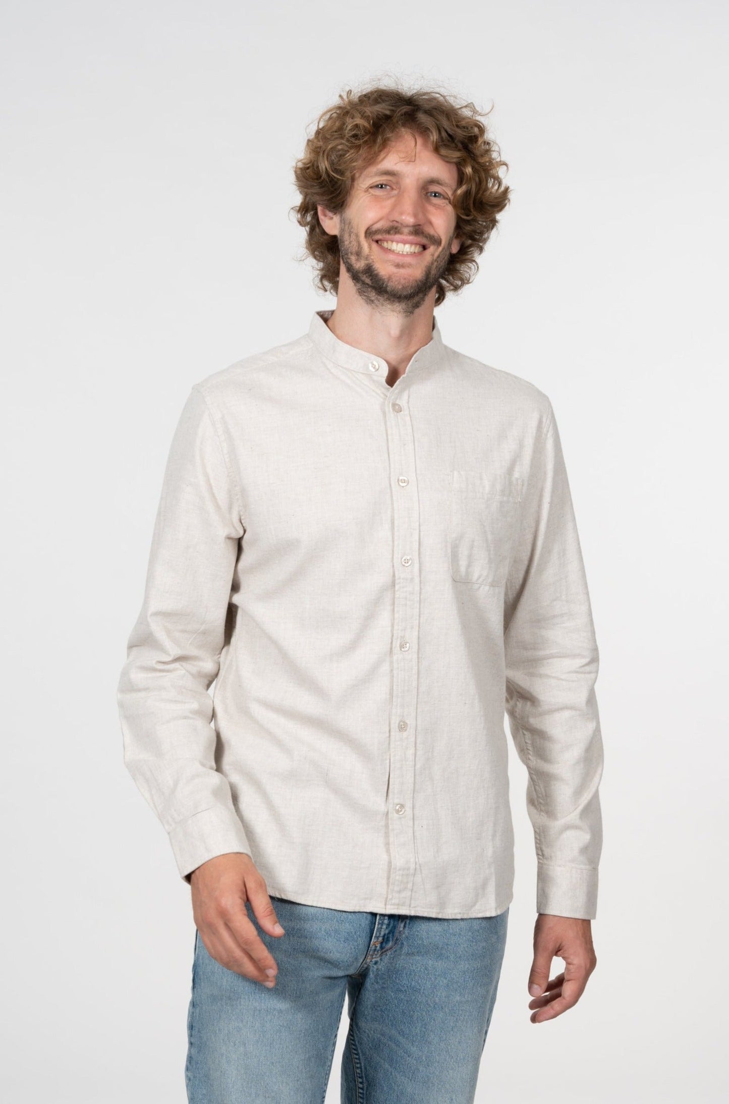 Chemise col officier flanelle beige en coton bio - flannel elder greige