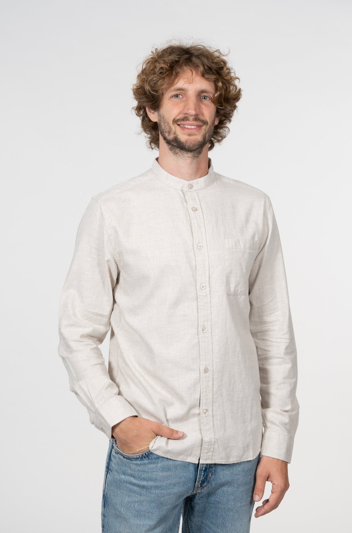 Chemise col officier flanelle beige en coton bio - flannel elder greige