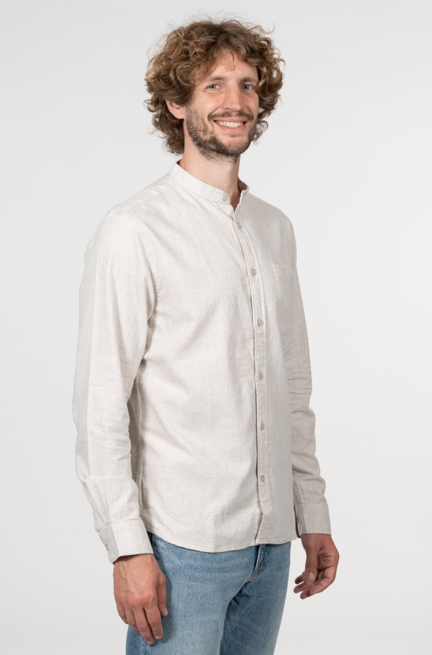 Chemise col officier flanelle beige en coton bio - flannel elder greige