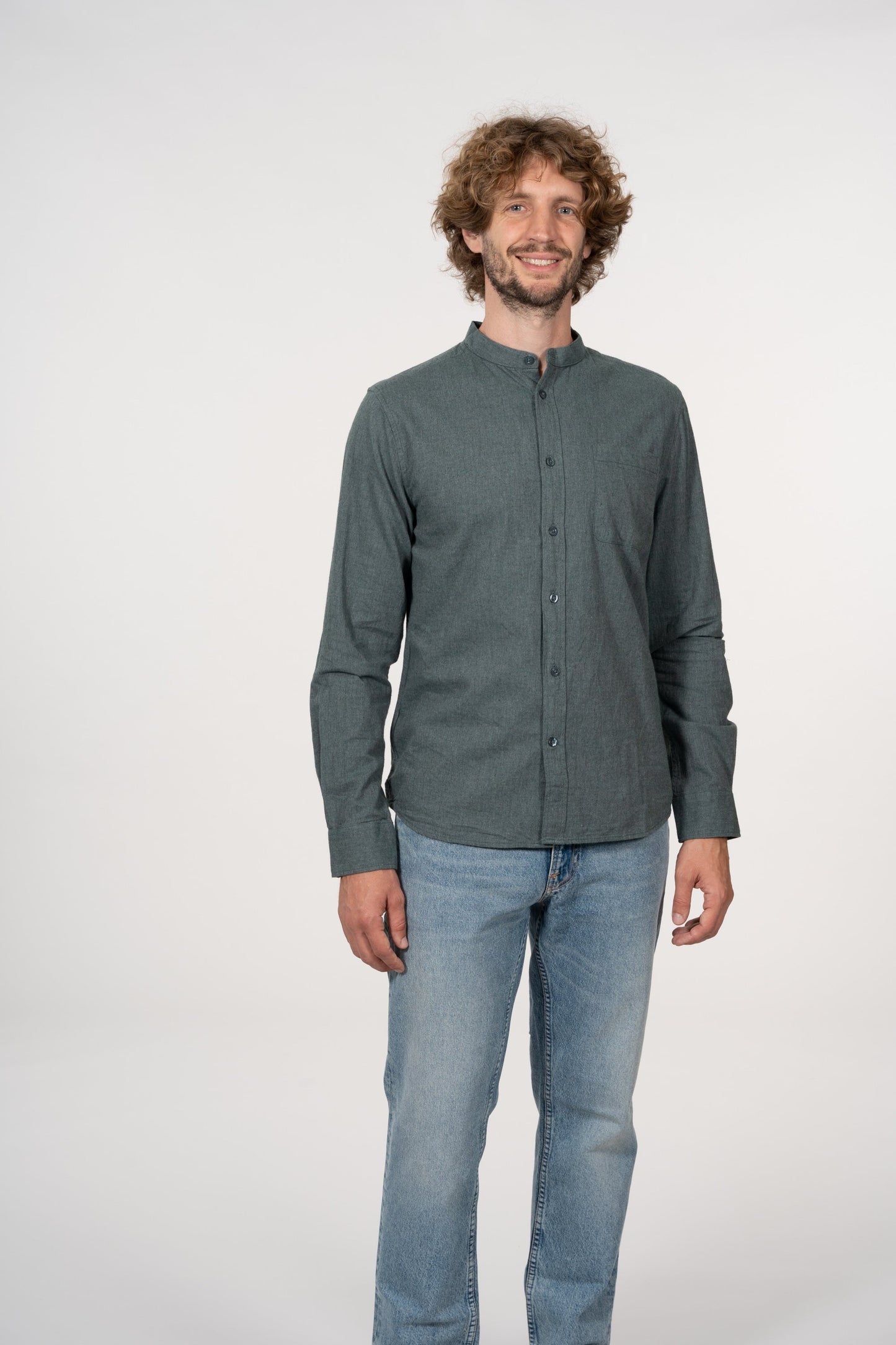 Chemise col officier flanelle vert en coton bio - flannel elder green forest